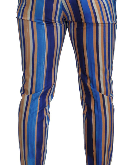 Dolce & Gabbana Blue Striped Silk Cotton Slim Trousers Pants