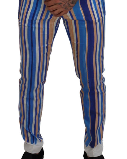 Dolce & Gabbana Blue Striped Silk Cotton Slim Trousers Pants
