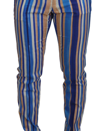 Dolce & Gabbana Blue Striped Silk Cotton Slim Trousers Pants