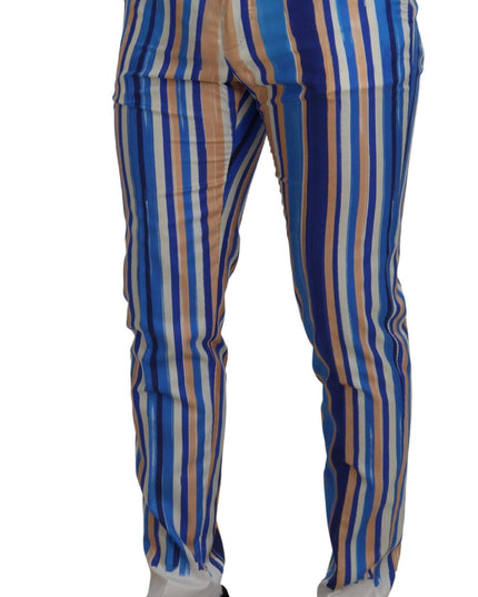 Dolce & Gabbana Blue Striped Silk Cotton Slim Trousers Pants