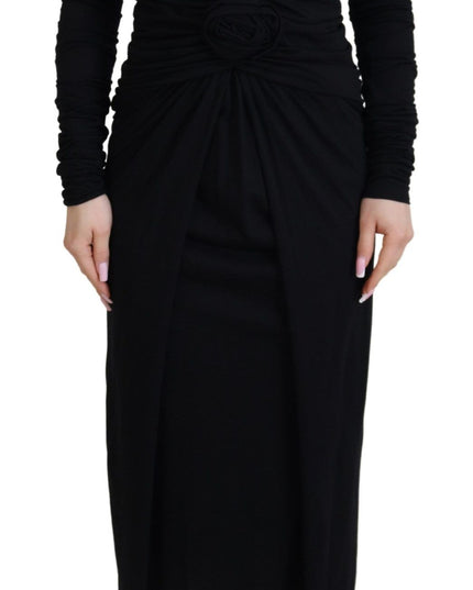 Dolce & Gabbana Black Sheath Midi Gown Wool Wrap Dress