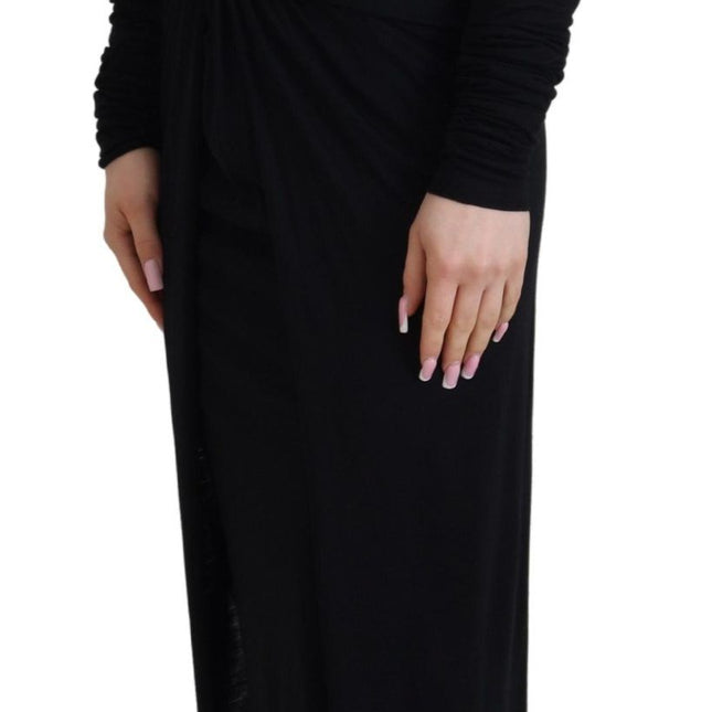 Dolce & Gabbana Black Sheath Midi Gown Wool Wrap Dress