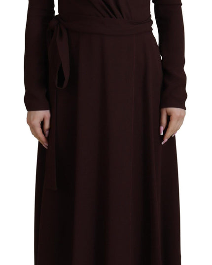 Dolce & Gabbana Brown Wrap Long Sleeve Midi Stretch Dress
