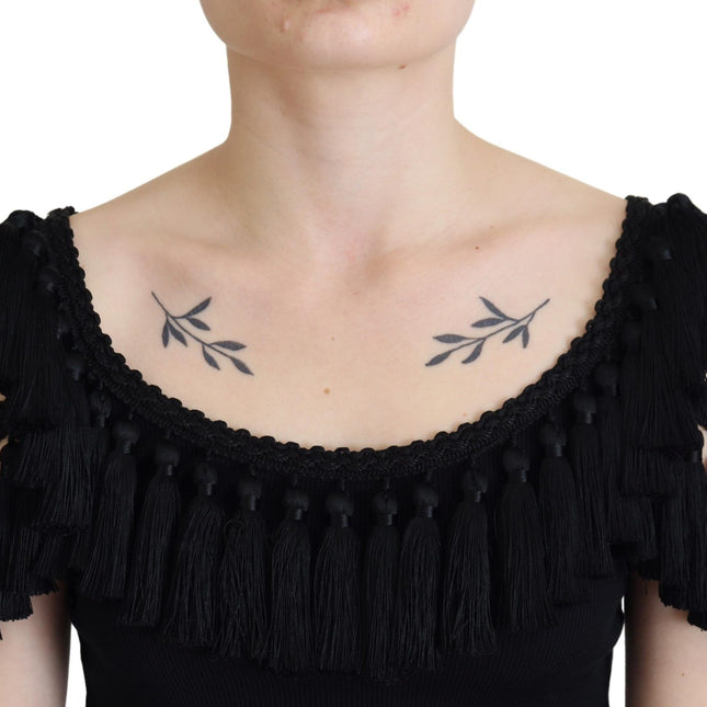Dolce & Gabbana Black Tank Top Blouse Tassle Cotton Blouse