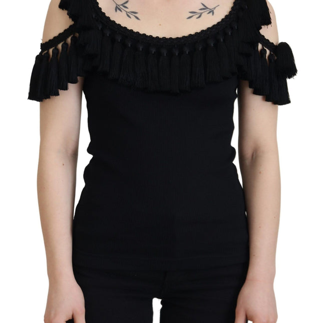 Dolce & Gabbana Black Tank Top Blouse Tassle Cotton Blouse