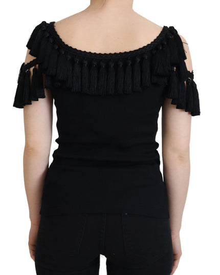 Dolce & Gabbana Black Tank Top Blouse Tassle Cotton Blouse