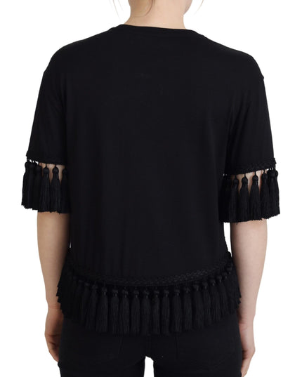Dolce & Gabbana Black T-shirt Blouse Tassle Cotton Blouse
