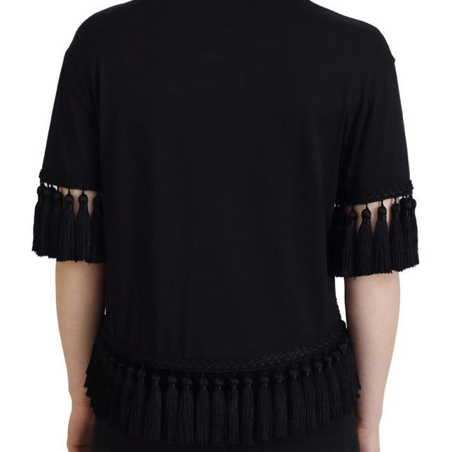 Dolce & Gabbana Black T-shirt Blouse Tassle Cotton Blouse