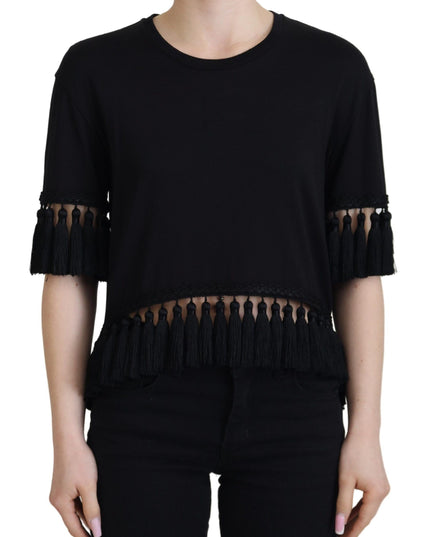 Dolce & Gabbana Black T-shirt Blouse Tassle Cotton Blouse