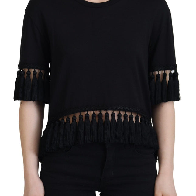 Dolce & Gabbana Black T-shirt Blouse Tassle Cotton Blouse