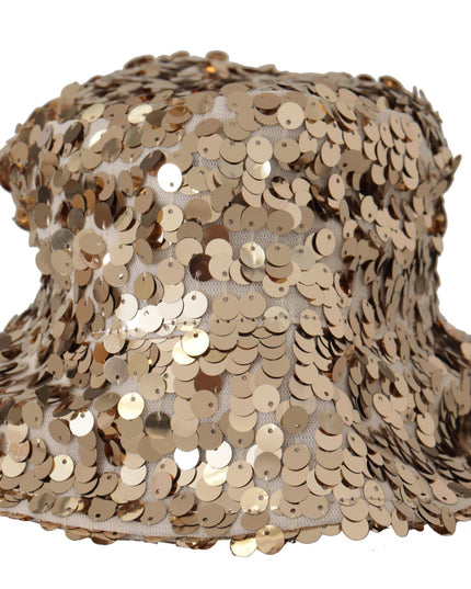 Dolce & Gabbana Gold Silk Sequin Embellished Designer Brim Bucket Hat