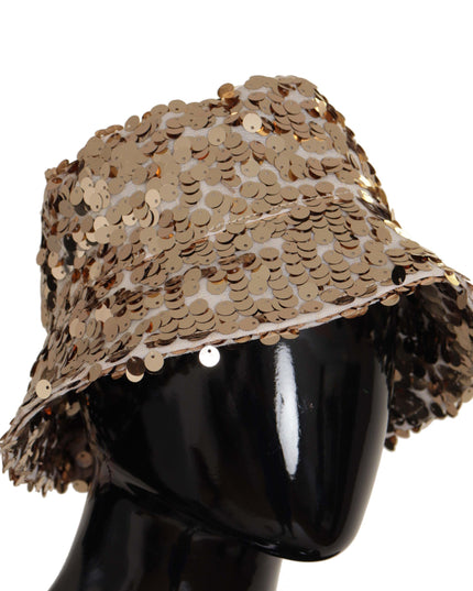 Dolce & Gabbana Gold Silk Sequin Embellished Designer Brim Bucket Hat