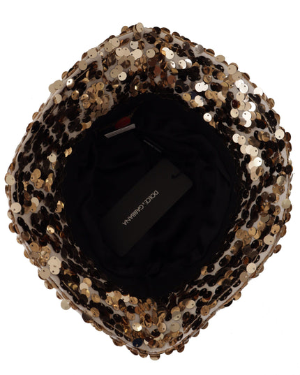 Dolce & Gabbana Gold Silk Sequin Embellished Designer Brim Bucket Hat