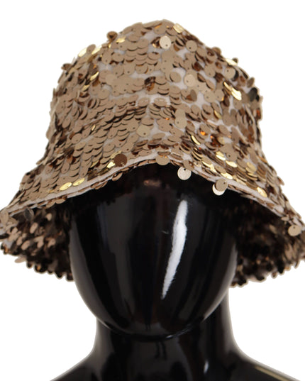 Dolce & Gabbana Gold Silk Sequin Embellished Designer Brim Bucket Hat