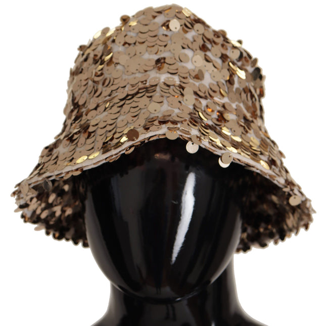 Dolce & Gabbana Gold Silk Sequin Embellished Designer Brim Bucket Hat