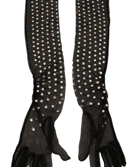Dolce & Gabbana Black Crystal Elbow Length Cotton Tulle Gloves