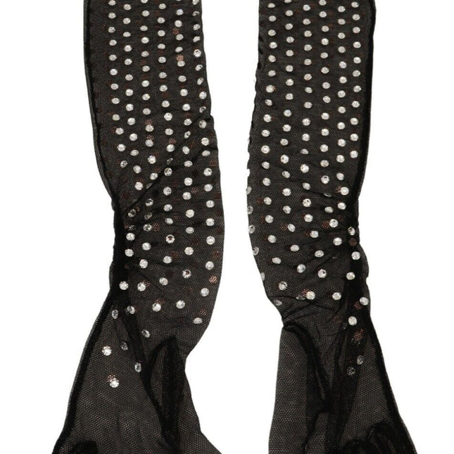 Dolce & Gabbana Black Crystal Elbow Length Cotton Tulle Gloves