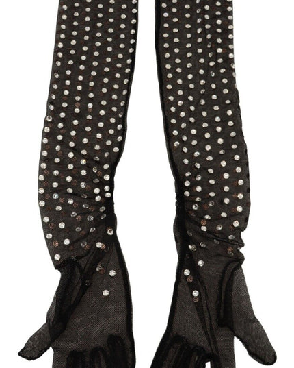 Dolce & Gabbana Black Crystal Elbow Length Cotton Tulle Gloves