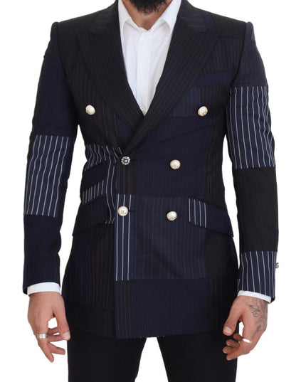 Dolce & Gabbana Blue Wool Patchwork Double Breasted Blazer
