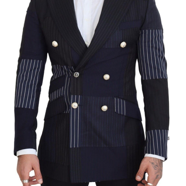 Dolce & Gabbana Blue Wool Patchwork Double Breasted Blazer