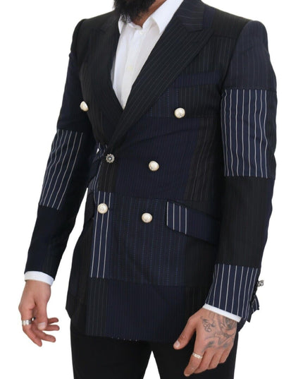 Dolce & Gabbana Blue Wool Patchwork Double Breasted Blazer