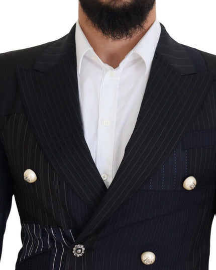 Dolce & Gabbana Blue Wool Patchwork Double Breasted Blazer