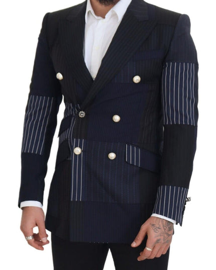 Dolce & Gabbana Blue Wool Patchwork Double Breasted Blazer