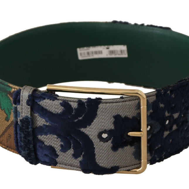Dolce & Gabbana Green Jaquard Embroid Leather Gold Metal Belt