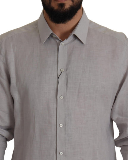 Dolce & Gabbana Gray Linen Long Sleeves Formal GOLD Shirt