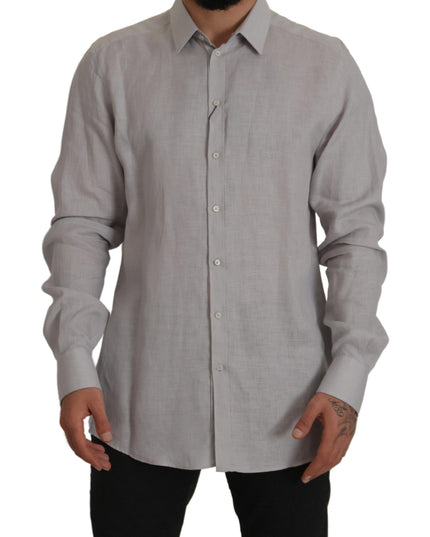 Dolce & Gabbana Gray Linen Long Sleeves Formal GOLD Shirt