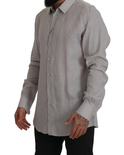 Dolce & Gabbana Gray Linen Long Sleeves Formal GOLD Shirt