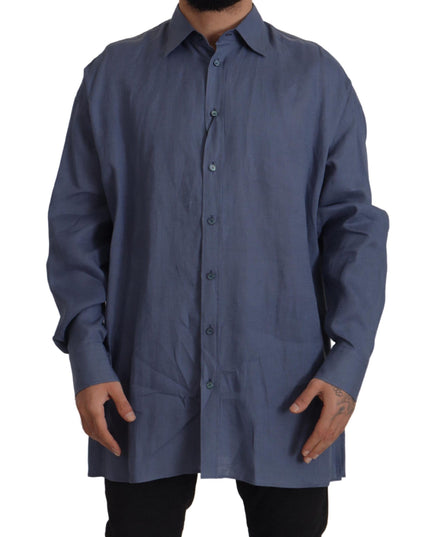 Dolce & Gabbana Dark Blue Linen Slim Fit Dress Formal Men Shirt