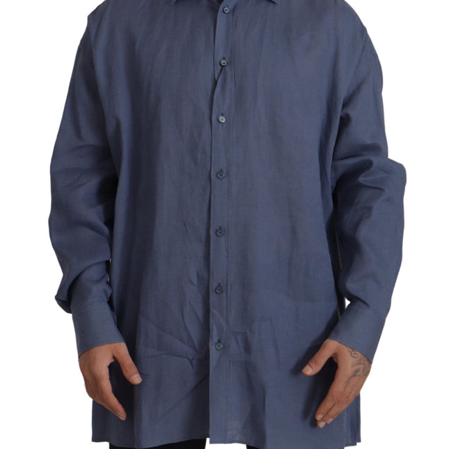 Dolce & Gabbana Dark Blue Linen Slim Fit Dress Formal Men Shirt