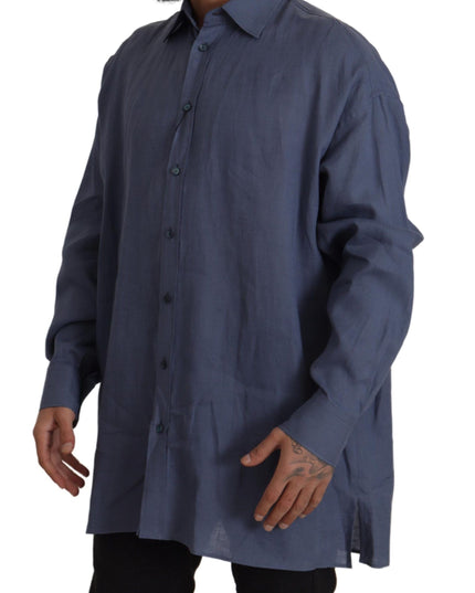 Dolce & Gabbana Dark Blue Linen Slim Fit Dress Formal Men Shirt