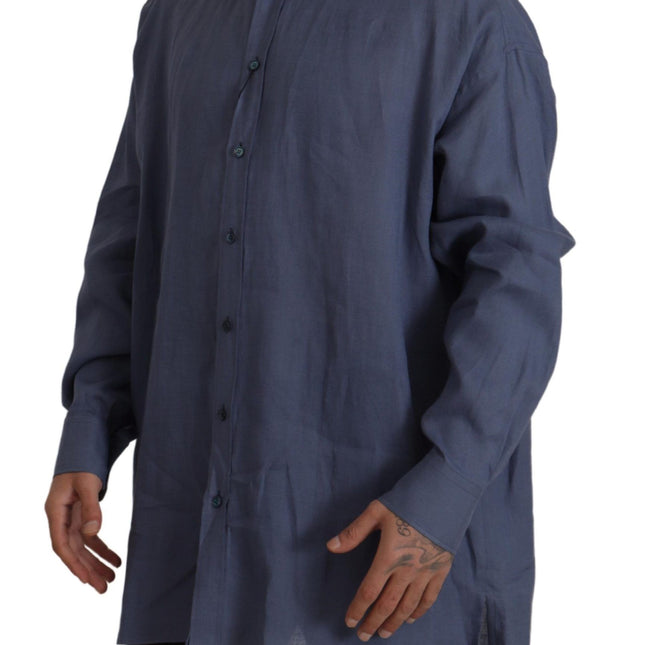 Dolce & Gabbana Dark Blue Linen Slim Fit Dress Formal Men Shirt