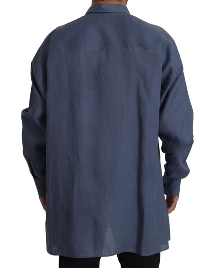 Dolce & Gabbana Dark Blue Linen Slim Fit Dress Formal Men Shirt