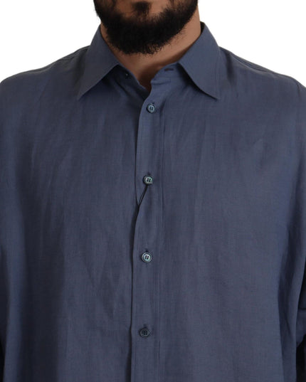 Dolce & Gabbana Dark Blue Linen Slim Fit Dress Formal Men Shirt