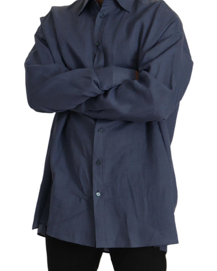 Dolce & Gabbana Dark Blue Linen Slim Fit Dress Formal Men Shirt