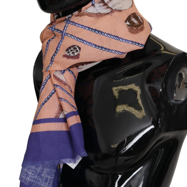 Dolce & Gabbana Blue Linen Seashell Pattern Mens Wrap Shawl Scarf