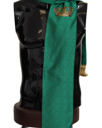 Dolce & Gabbana Green Crown Embroidered Shawl Fringe Blend Silk