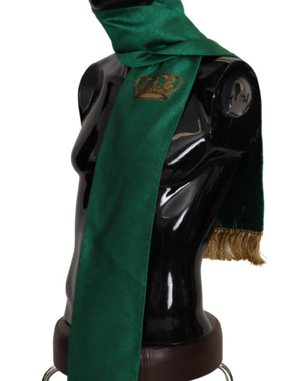 Dolce & Gabbana Green Crown Embroidered Shawl Fringe Blend Silk