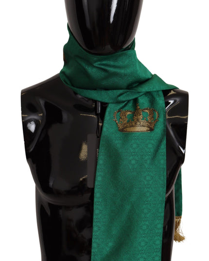 Dolce & Gabbana Green Crown Embroidered Shawl Fringe Blend Silk