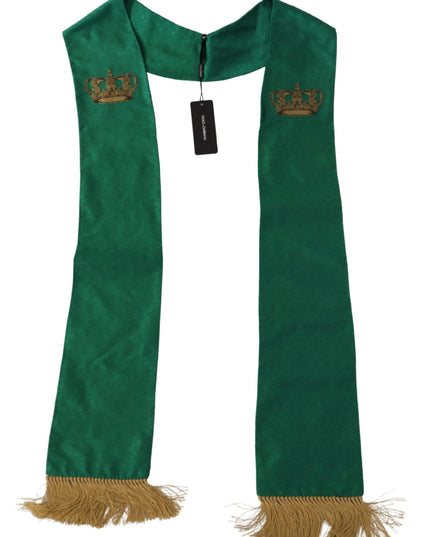 Dolce & Gabbana Green Crown Embroidered Shawl Fringe Blend Silk