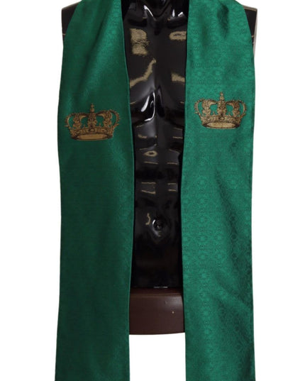 Dolce & Gabbana Green Crown Embroidered Shawl Fringe Blend Silk