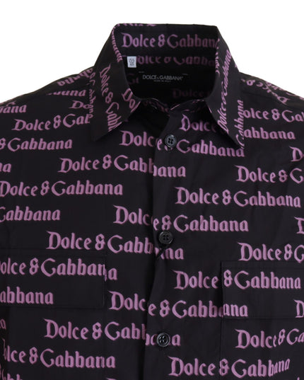 Dolce & Gabbana Black Purple Logo Slim Dress Formal Shirt