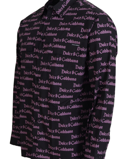 Dolce & Gabbana Black Purple Logo Slim Dress Formal Shirt