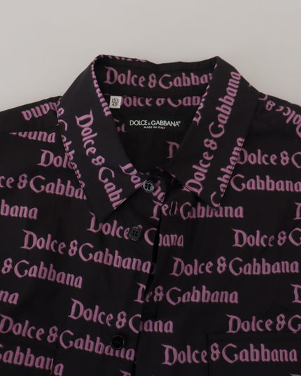 Dolce & Gabbana Black Purple Logo Slim Dress Formal Shirt