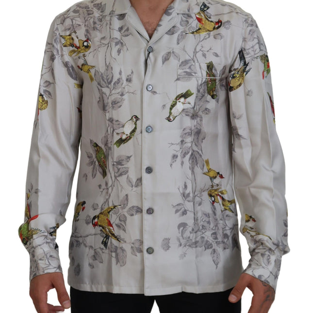 Dolce & Gabbana White Bird Print Silk Satin Casual Shirt