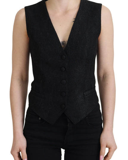 Dolce & Gabbana Black Brocade Button Down Sleeveless Vest Top