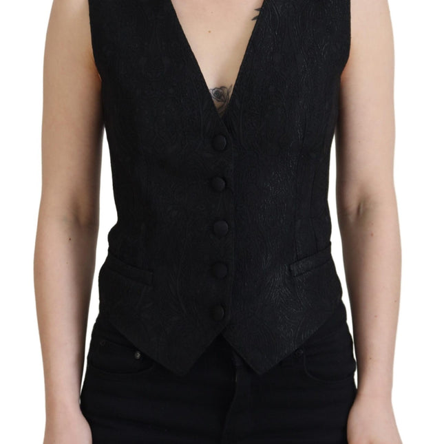 Dolce & Gabbana Black Brocade Button Down Sleeveless Vest Top